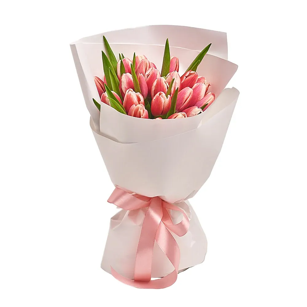 25 розово-белых тюльпанов